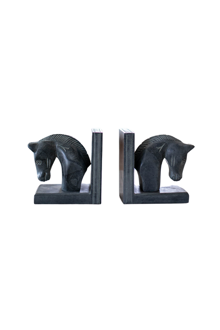 Hand Carved Stone Horse Bookends, Set of 2