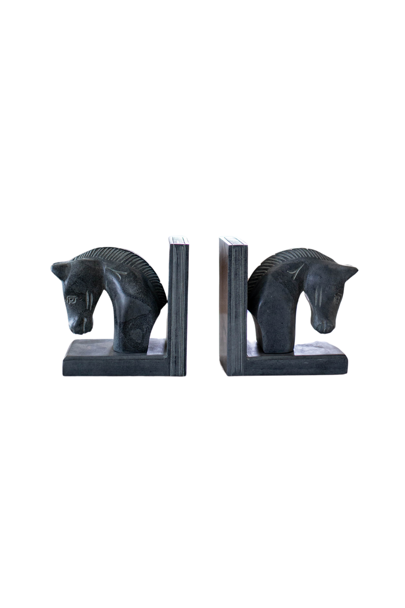 Hand Carved Stone Horse Bookends, Set of 2