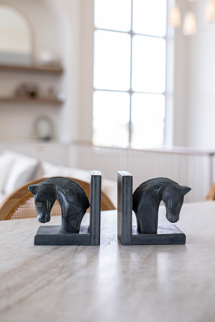 Hand Carved Stone Horse Bookends, Set of 2