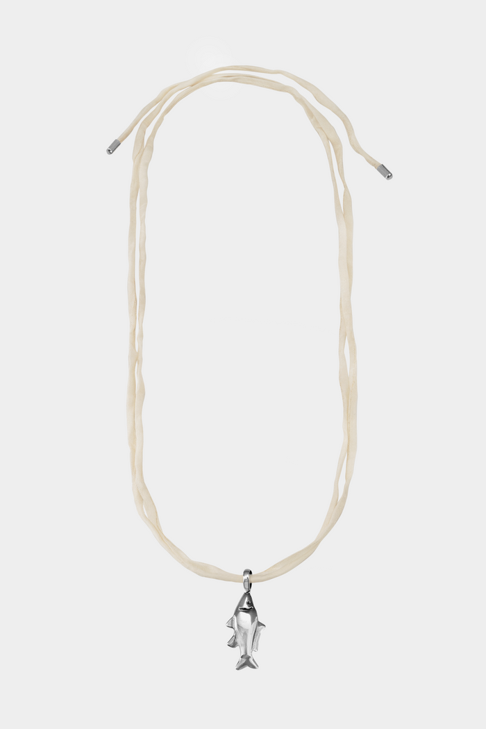 Lucky Fish on Raw Silk: Cream / Sterling Silver
