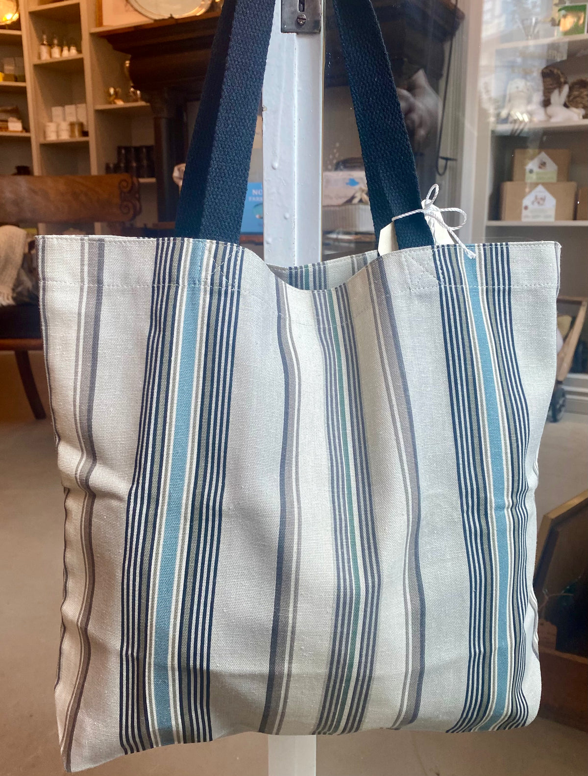 Linen Tote - Brown & Blue Stripes
