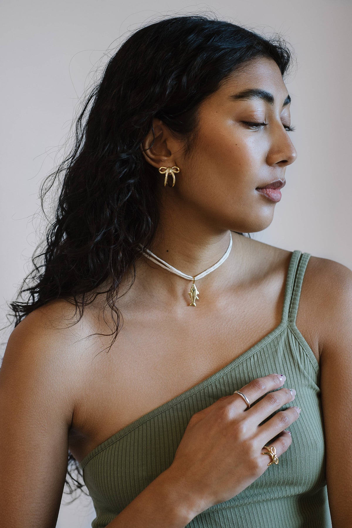 Lucky Fish on Raw Silk: Cream / Sterling Silver